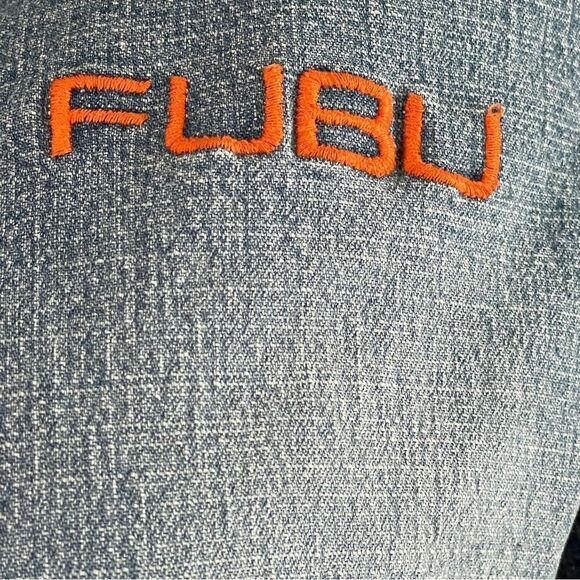 Vintage Fubu Women's Denim Zip Up Jacket with Orange and Green Stripe Accents L - Picture 4 of 16